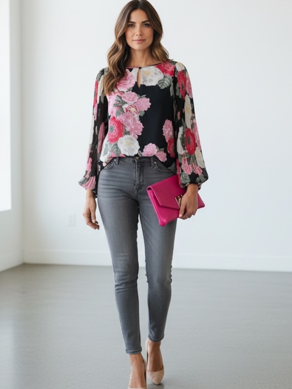 Alice + Olivia Black Floral Silk Accordion Pleated Bell Sleeve Blouse | Size M